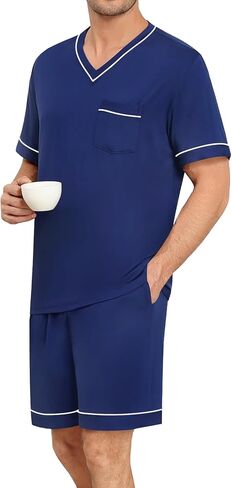 swomog mens pajama مجموعة قصيرة الأكمام pjs مجموعة v-neck sleepwear 2 pcs soft lounge onounge sets comfy nightwear مع جيوب in Saudi Arabia
