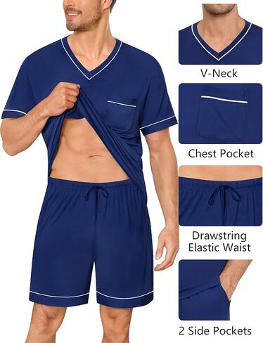 swomog mens pajama مجموعة قصيرة الأكمام pjs مجموعة v-neck sleepwear 2 pcs soft lounge onounge sets comfy nightwear مع جيوب in Saudi Arabia