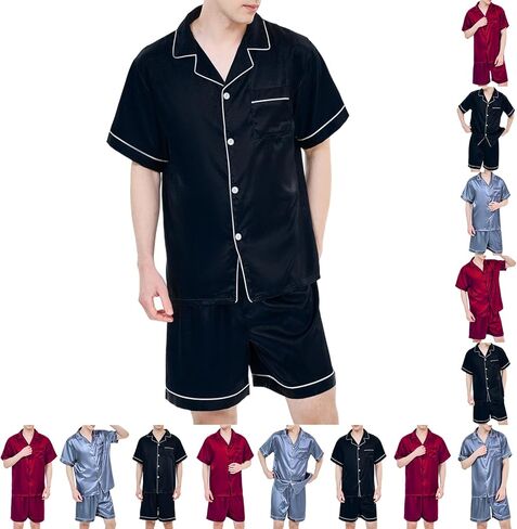 Satin Silky Men's Pajama Sets Short Sleeve Classic Sleepwear with Pockets Plus Size Lounge Set Pj Set Loungewear in Saudi Arabia