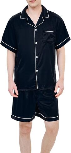 Satin Silky Men's Pajama Sets Short Sleeve Classic Sleepwear with Pockets Plus Size Lounge Set Pj Set Loungewear in Saudi Arabia