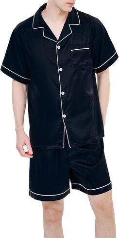 Satin Silky Men's Pajama Sets Short Sleeve Classic Sleepwear with Pockets Plus Size Lounge Set Pj Set Loungewear in Saudi Arabia