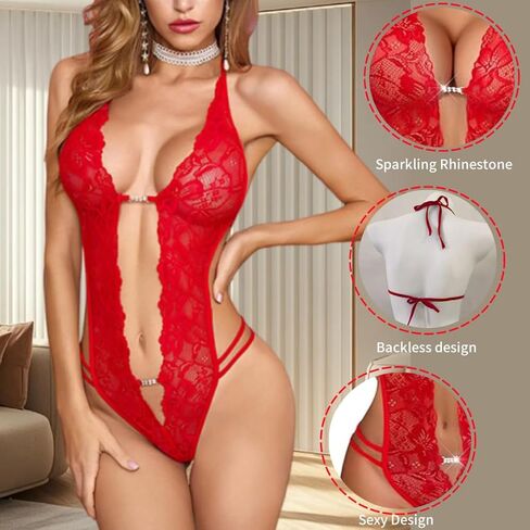 Women One Piece Lingerie Deep V Sexy Lace Nighties Cutout Backless Strappy Babydoll Sleeveless Transparent Bodysuit in Kuwait