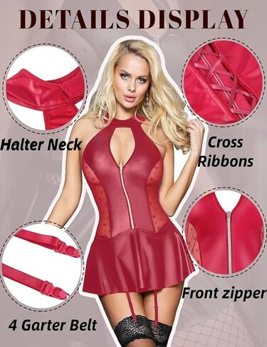 Ohyeah Pu Leather Lingerie بالإضافة إلى حجم الملابس الداخلية Babydoll مع حزام الرباط سحاب Lightwear Halter Dress S-2xl in Kuwait