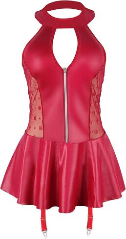 Ohyeah Pu Leather Lingerie بالإضافة إلى حجم الملابس الداخلية Babydoll مع حزام الرباط سحاب Lightwear Halter Dress S-2xl in Kuwait