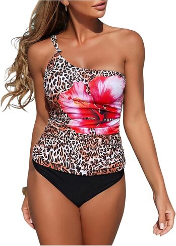 Women's 2 Piece Leopard Floral Tankini Swimsuits One Shoulder High Waisted Bathing Suit Beachwear in Saudi Arabia