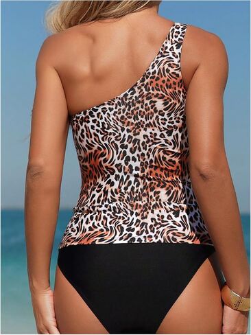 Women's 2 Piece Leopard Floral Tankini Swimsuits One Shoulder High Waisted Bathing Suit Beachwear in Saudi Arabia