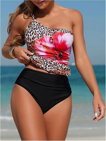 Women's 2 Piece Leopard Floral Tankini Swimsuits One Shoulder High Waisted Bathing Suit Beachwear in Saudi Arabia