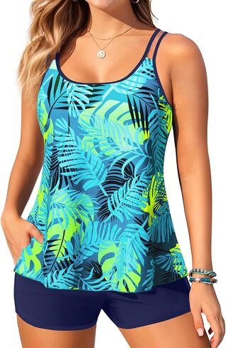 Tankini Swimsuits with Shorts - Two Piece Tummy Control Flowy Bathing Suits Top with Two Pockets Boy Shorts 2025 in Saudi Arabia