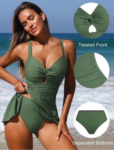 ZAFUL Women's Tankini Bathing Suits Swimsuit Tummy Control Two Piece Swim Dress Cut Out Twist with Bikini Bottoms in Kuwait