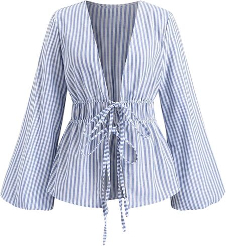 SHENHE Women's Striped Tie Front Bell Sleeve Blouse Deep V Neck Elegant Peplum Top Shirt in Saudi Arabia