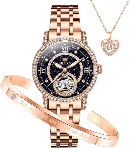 OLEVS Automatic Womens Watches Mechanical Diamond Skeleton Luxury Dress Stainless Steel Silver/Rose Gold Waterproof Luminous Ladies Wrist Watches Gift Set in Saudi Arabia