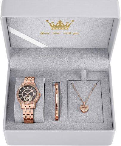 OLEVS Automatic Womens Watches Mechanical Diamond Skeleton Luxury Dress Stainless Steel Silver/Rose Gold Waterproof Luminous Ladies Wrist Watches Gift Set in Saudi Arabia