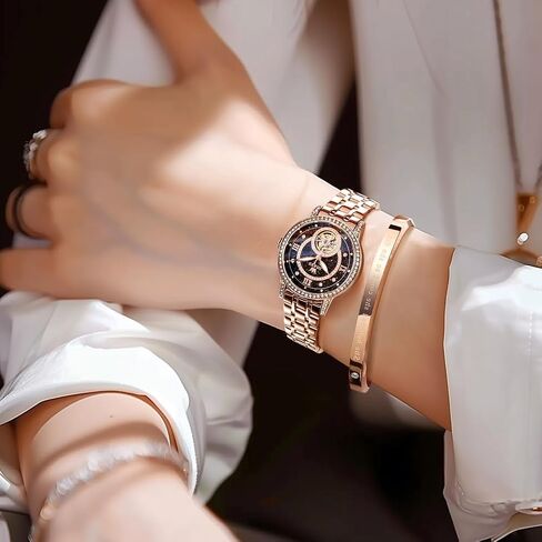 OLEVS Automatic Womens Watches Mechanical Diamond Skeleton Luxury Dress Stainless Steel Silver/Rose Gold Waterproof Luminous Ladies Wrist Watches Gift Set in Saudi Arabia