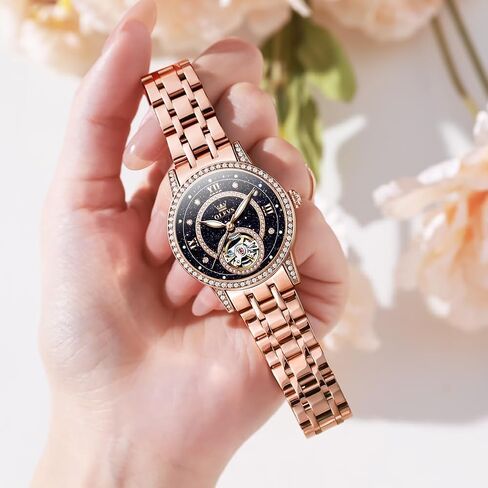 OLEVS Automatic Womens Watches Mechanical Diamond Skeleton Luxury Dress Stainless Steel Silver/Rose Gold Waterproof Luminous Ladies Wrist Watches Gift Set in Saudi Arabia