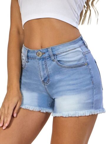 VIPONES Women Mid Rise Jeans Shorts Frayed Raw Hem Summer Stretchy Casual Denim Shorts in Kuwait