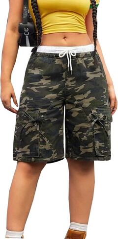 Unybwonn Women Camo Shorts Wide Leg Camouflage Cargo Long Shorts Army Fatigue Plus Size Y2k Bermuda Jorts with Pockets in Kuwait