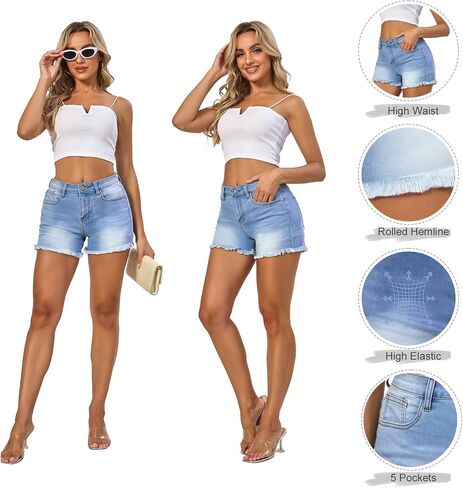 VIPONES Women Mid Rise Jeans Shorts Frayed Raw Hem Summer Stretchy Casual Denim Shorts in Kuwait