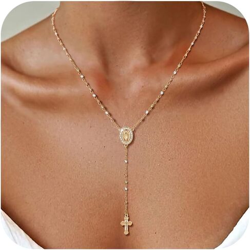 Women's Gold Virgin Mary Necklace - 14k Gold Plated Rosary Bead Cross Necklaces,Hypoallergenic Non Tarnish Gold Catholic Y Chain Necklace,Religious Rosary Beads Crucifix Necklaces Jewelry Gift for Her in Saudi Arabia
