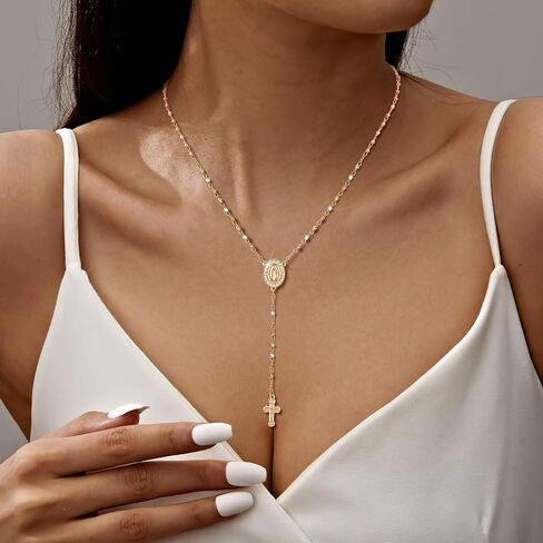 Women's Gold Virgin Mary Necklace - 14k Gold Plated Rosary Bead Cross Necklaces,Hypoallergenic Non Tarnish Gold Catholic Y Chain Necklace,Religious Rosary Beads Crucifix Necklaces Jewelry Gift for Her in Saudi Arabia