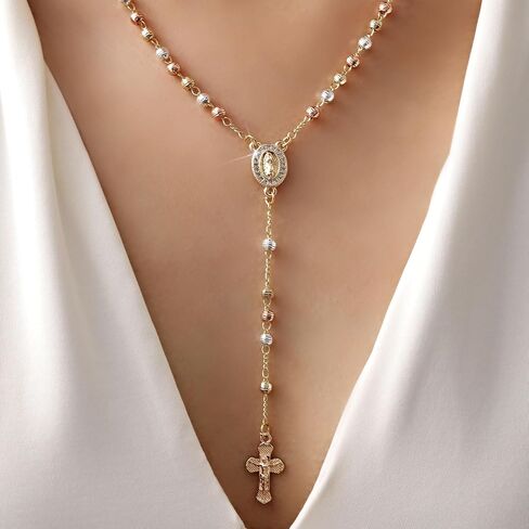 Women's Gold Virgin Mary Necklace - 14k Gold Plated Rosary Bead Cross Necklaces,Hypoallergenic Non Tarnish Gold Catholic Y Chain Necklace,Religious Rosary Beads Crucifix Necklaces Jewelry Gift for Her in Saudi Arabia