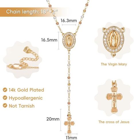 Women's Gold Virgin Mary Necklace - 14k Gold Plated Rosary Bead Cross Necklaces,Hypoallergenic Non Tarnish Gold Catholic Y Chain Necklace,Religious Rosary Beads Crucifix Necklaces Jewelry Gift for Her in Saudi Arabia