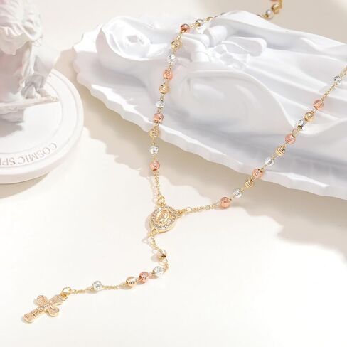 Women's Gold Virgin Mary Necklace - 14k Gold Plated Rosary Bead Cross Necklaces,Hypoallergenic Non Tarnish Gold Catholic Y Chain Necklace,Religious Rosary Beads Crucifix Necklaces Jewelry Gift for Her in Saudi Arabia