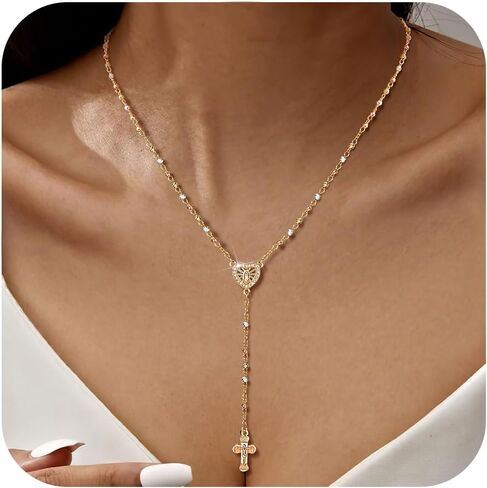 Women's Gold Virgin Mary Necklace - 14k Gold Plated Rosary Bead Cross Necklaces,Hypoallergenic Non Tarnish Gold Catholic Y Chain Necklace,Religious Rosary Beads Crucifix Necklaces Jewelry Gift for Her in Saudi Arabia