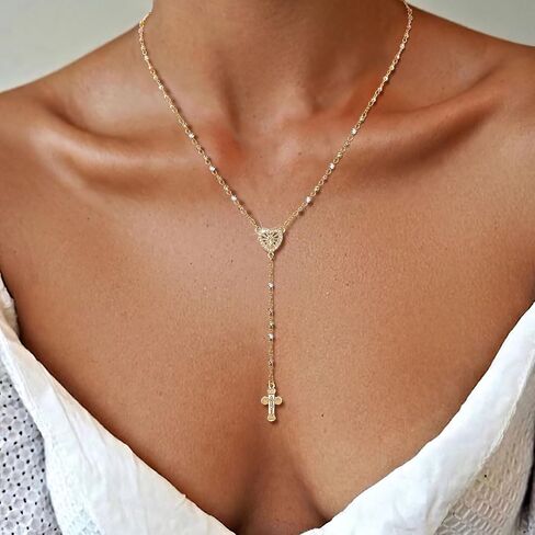 Women's Gold Virgin Mary Necklace - 14k Gold Plated Rosary Bead Cross Necklaces,Hypoallergenic Non Tarnish Gold Catholic Y Chain Necklace,Religious Rosary Beads Crucifix Necklaces Jewelry Gift for Her in Saudi Arabia