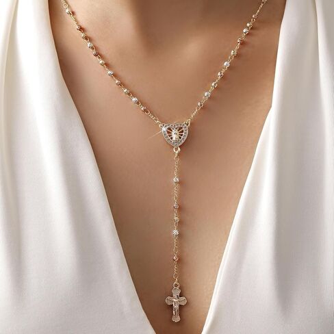 Women's Gold Virgin Mary Necklace - 14k Gold Plated Rosary Bead Cross Necklaces,Hypoallergenic Non Tarnish Gold Catholic Y Chain Necklace,Religious Rosary Beads Crucifix Necklaces Jewelry Gift for Her in Saudi Arabia