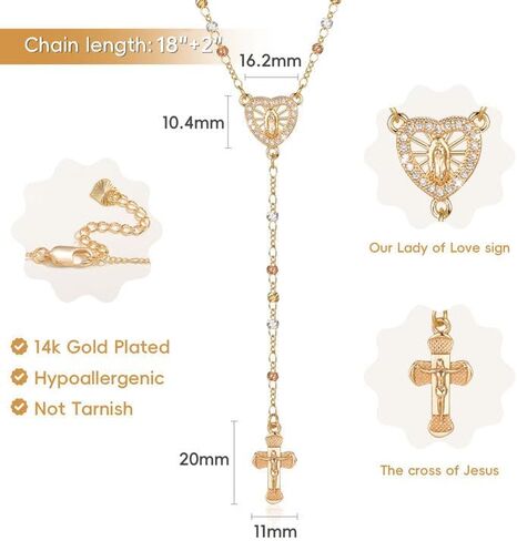Women's Gold Virgin Mary Necklace - 14k Gold Plated Rosary Bead Cross Necklaces,Hypoallergenic Non Tarnish Gold Catholic Y Chain Necklace,Religious Rosary Beads Crucifix Necklaces Jewelry Gift for Her in Saudi Arabia