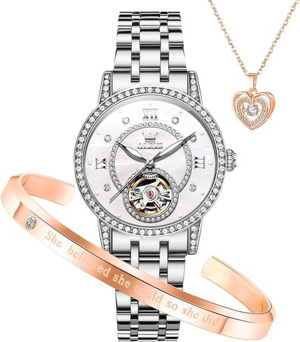 OLEVS Automatic Womens Watches Mechanical Diamond Skeleton Luxury Dress Stainless Steel Silver/Rose Gold Waterproof Luminous Ladies Wrist Watches Gift Set in Saudi Arabia