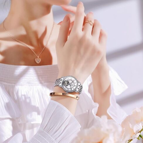 OLEVS Automatic Womens Watches Mechanical Diamond Skeleton Luxury Dress Stainless Steel Silver/Rose Gold Waterproof Luminous Ladies Wrist Watches Gift Set in Saudi Arabia