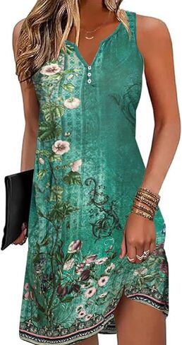 SimpleFun Summer Dresses for Women 2024 Beach Vacation Button up V Neck Sleeveless Sundresses Casual Boho Dress with Pockets in Kuwait