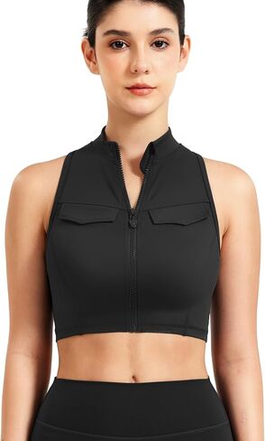 Yeoreo Coreflex Women Zipper Tank Top Racerback Mock Pocket Pitted Collar Olcyless Crip Top Summer Fitness Gym Vest in Kuwait