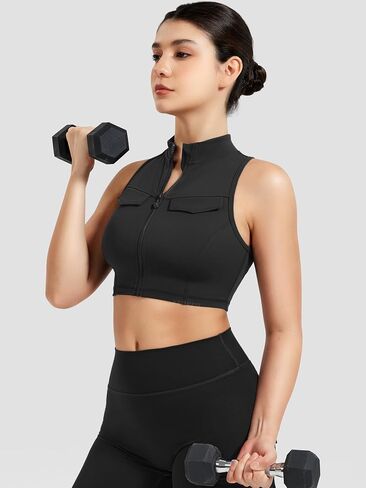 Yeoreo Coreflex Women Zipper Tank Top Racerback Mock Pocket Pitted Collar Olcyless Crip Top Summer Fitness Gym Vest in Kuwait