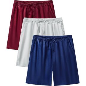 SWOMOG Men's 3 Pack Satin Pajama Shorts Silk Pajama Boxer Lounge Sleep Bottoms Button Fly with Pockets & Drawstring in Kuwait