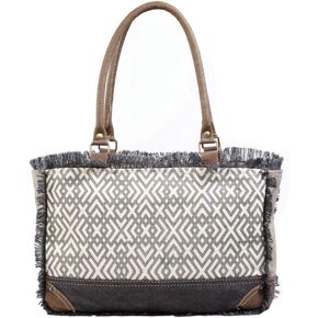 X Print Fringed Upcycled Canvas and Leather Handbag