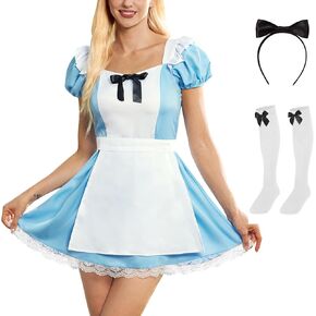 Women’s Halloween Costume Blue White Puff Sleeve Princess Dress with Hair Ribbon and Stockings