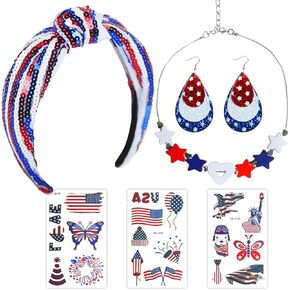 4th of July Patriotic Accessories Set, Red White Blue Headband with Glitter Stars, Star Necklace and Earrings, 3 Piece Set
