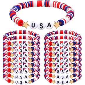 USA Bracelets Bulk 4th of July Accessories Red White and Blue Polymer Clay Beaded Stretch Bracelets for Women USA Jewelry Independence Day 4th of July Patriotic Party Favors Gifts