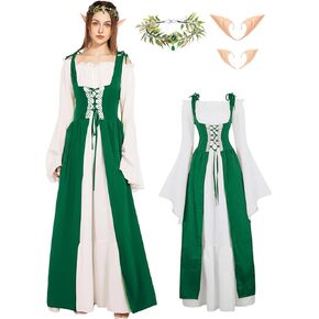 Verceco Women Renaissance Dress Medieval Costume Dress for Women with Flower Crown Elf Ears Fairy Costume for Women Girls