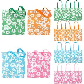 Fun Express Reusable Hibiscus Tote Bags (set of 12) Bright Haiwian colors, Tiki and Luau theme - Great for Groceries or Destinaton Wedding and Party Favors