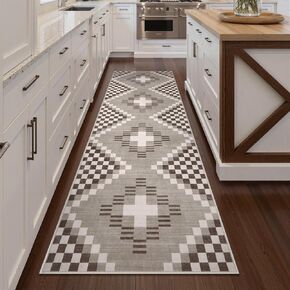 Beeiva Boho Checkered Long Hallway Runner Rug 2x10, Black Ultra Thin Washable Kitchen Runner Rug 2x10, Stain Resistant Foldable Floor Carpet for Bathroom Bedroom, Black