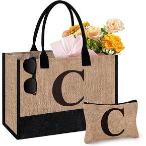 Initial Jute Tote Bag & Makeup Bag, Birthday Gifts for Women Her Mom Teachers Friends