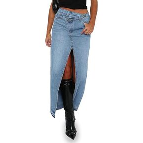 AiMgFUN Jean Skirt for Women Denim Skirt with Pockets Mid Waist Long Split Skirts