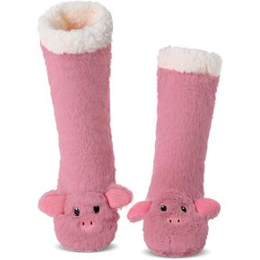 Laahoem Animal Slipper Socks for Girls Women Indoor Shoes With Grippers Winter Warm Thick Plush Lining Non Slip Long Boots Furry Home Socks