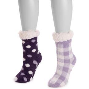 Muk Luks Cabin Cozy Sock, 2 Pairs, Purple Polka Dots, S/M