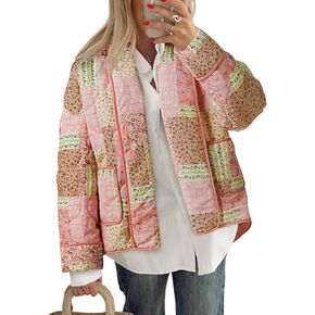 Tankaneo Womens Floral Patchwork Quilted Jacket Lightweight Cropped Open Front Puffer Coat Fall Oversized Short Outerwear