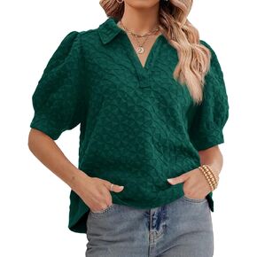 Cicy Bell Womens Puff Short Sleeve Polo Shirts Summer V Neck Textured Tops Dressy Casual Loose Fit Blouse