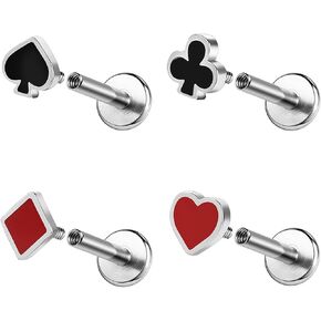 ZS 4Pcs Poker Stainless Steel Lip Stud Labret Lip Piercing, 16G Monroe Medusa Piercing Flat Back Lip Jewelry Lip Rings Tragus Conch Cartilage Daith Earrings for Women Men